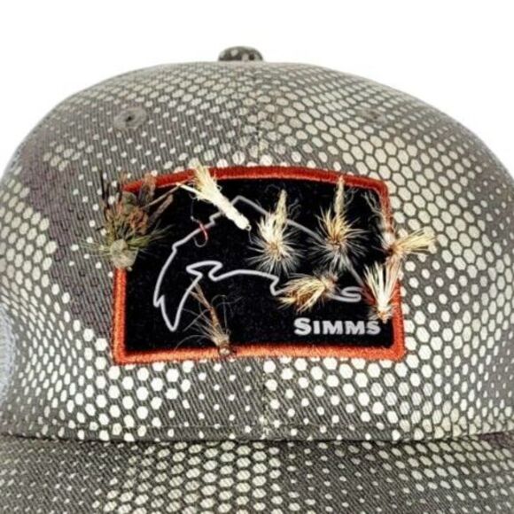 SIMMS Hex Camo Fly Fishing Trout Patch Trucker Hat Limited Edition Bonus 8 Flies - Picture 4 of 11